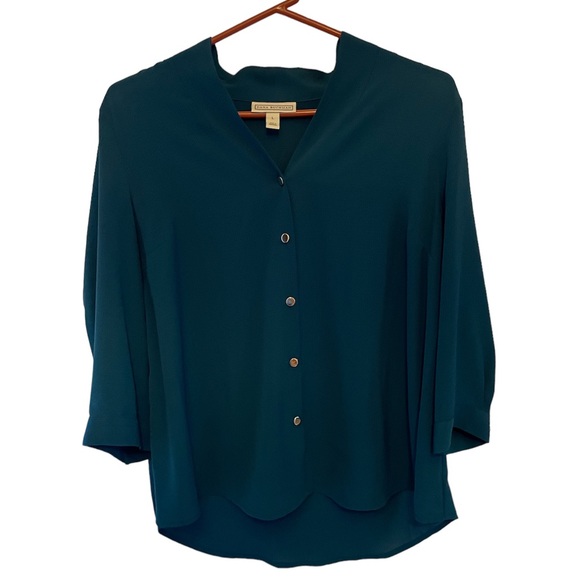 DANA BUCHMAN UEC Women’s Size Large Green button down top gold v-neck dress top - Picture 3 of 10